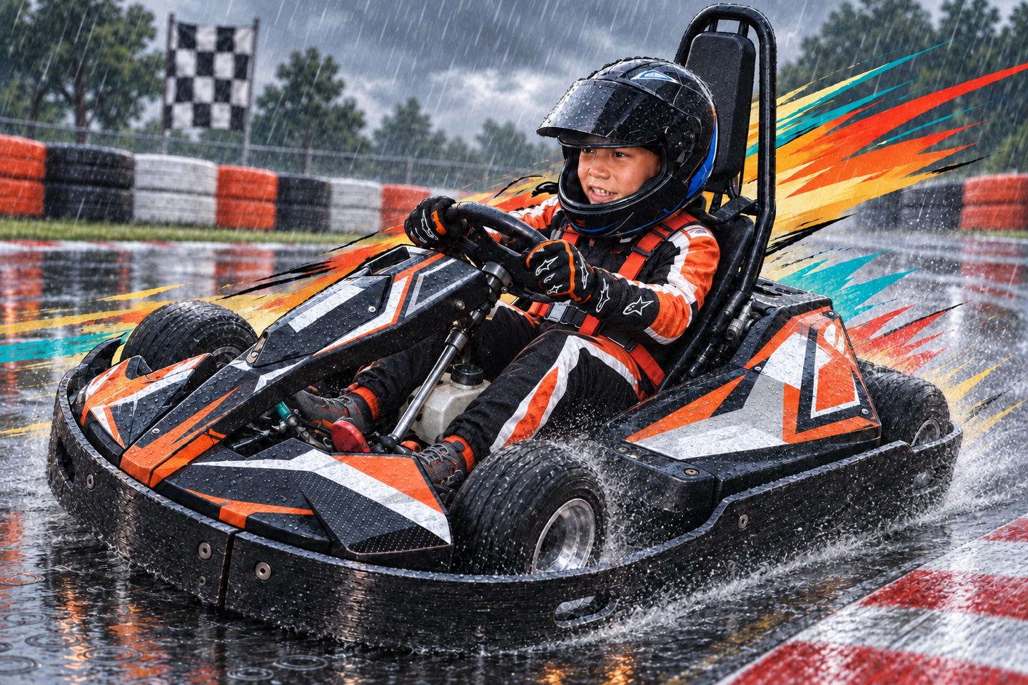 Nadim driving a go-kart on a rain-soaked track during heavy rain